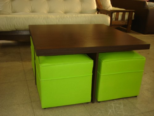 Combo mesa ratona 90 x 90 cm melamina borde 36 mm 4 puffs ...