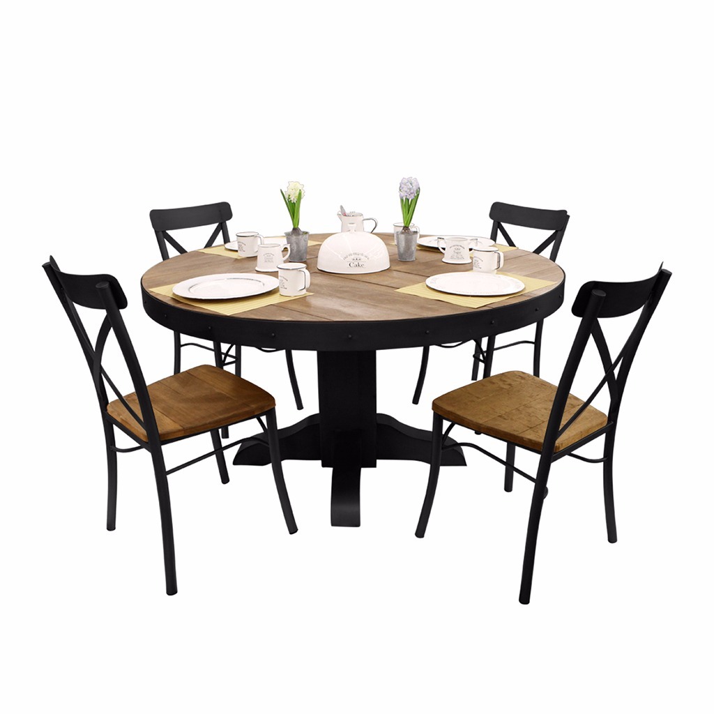 Comedor Mesa Redonda 4 Sillas De Madera Acero Negro Vintage ... Comedor Mesa Redonda 4 Sillas De Madera Acero Negro Vintage ...