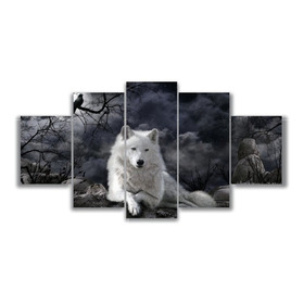 Conjunto 5 Quadros Decorativo Lobo Branco Sala Quarto