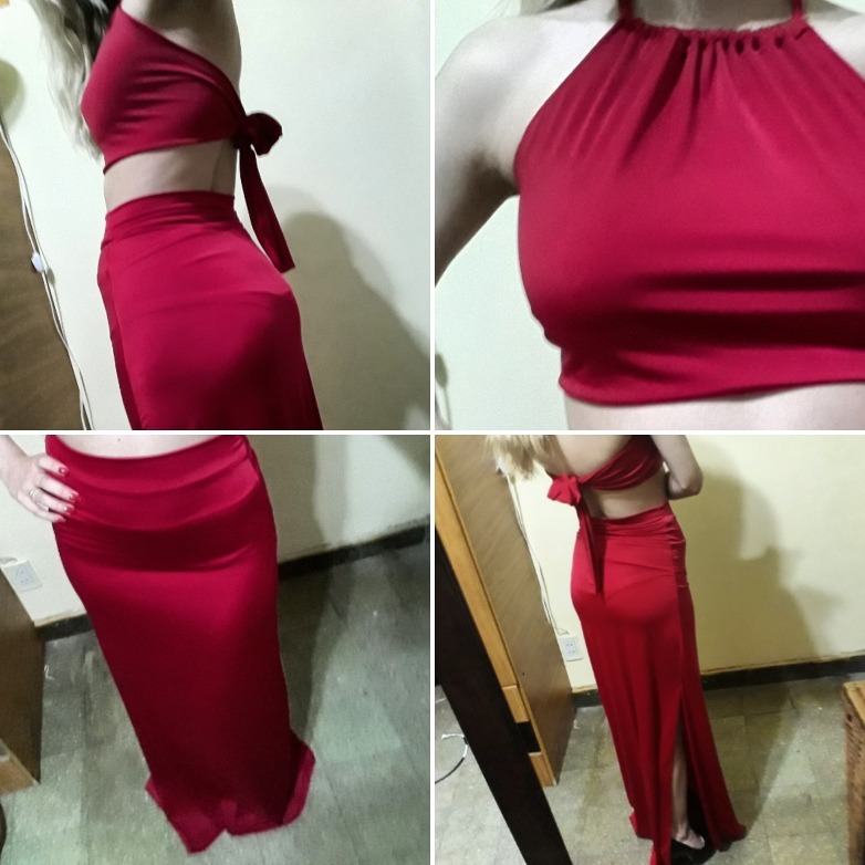 conjunto de dos tops y pollera larga con tajo 1 550 00 en