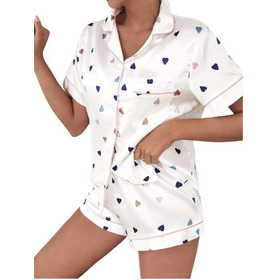 Conjunto De Satin Pijama  De Dama Blanca Short + Camisa