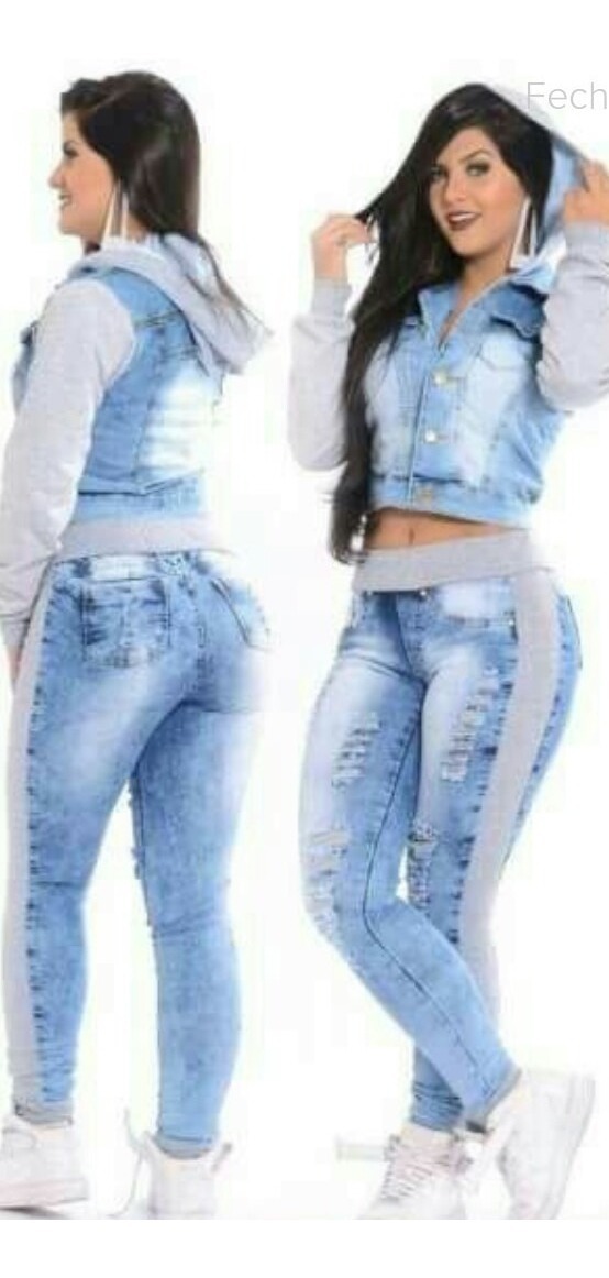 conjunto jeans com moletom feminino