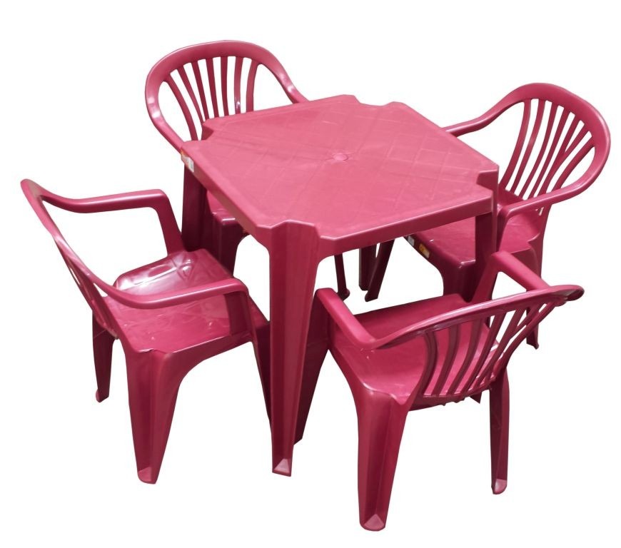Conjunto Mesa + 4 Cadeiras Poltrona Plástico Vinho