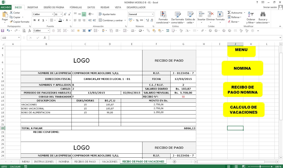 Control De Nomina Con Recibo De Pago,en Excel Bs. 8.000