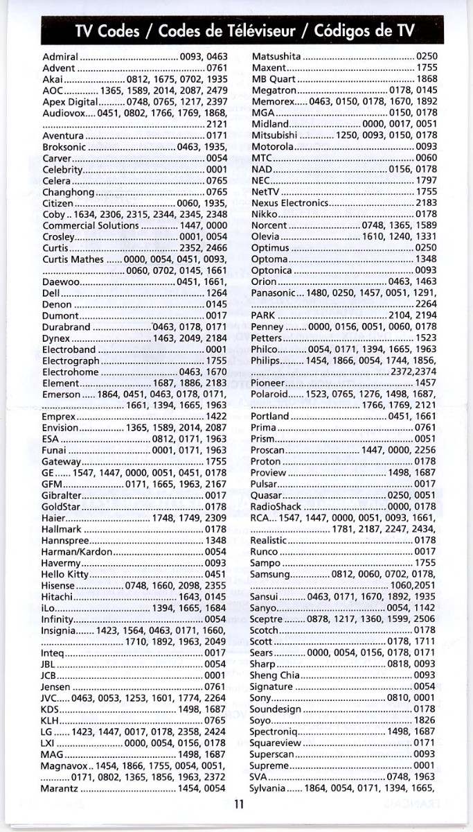 onn universal control codes