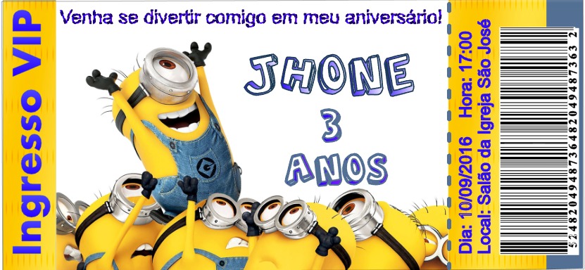 Convite Ingresso Aniversário Minions Com Envelope - R$ 2 