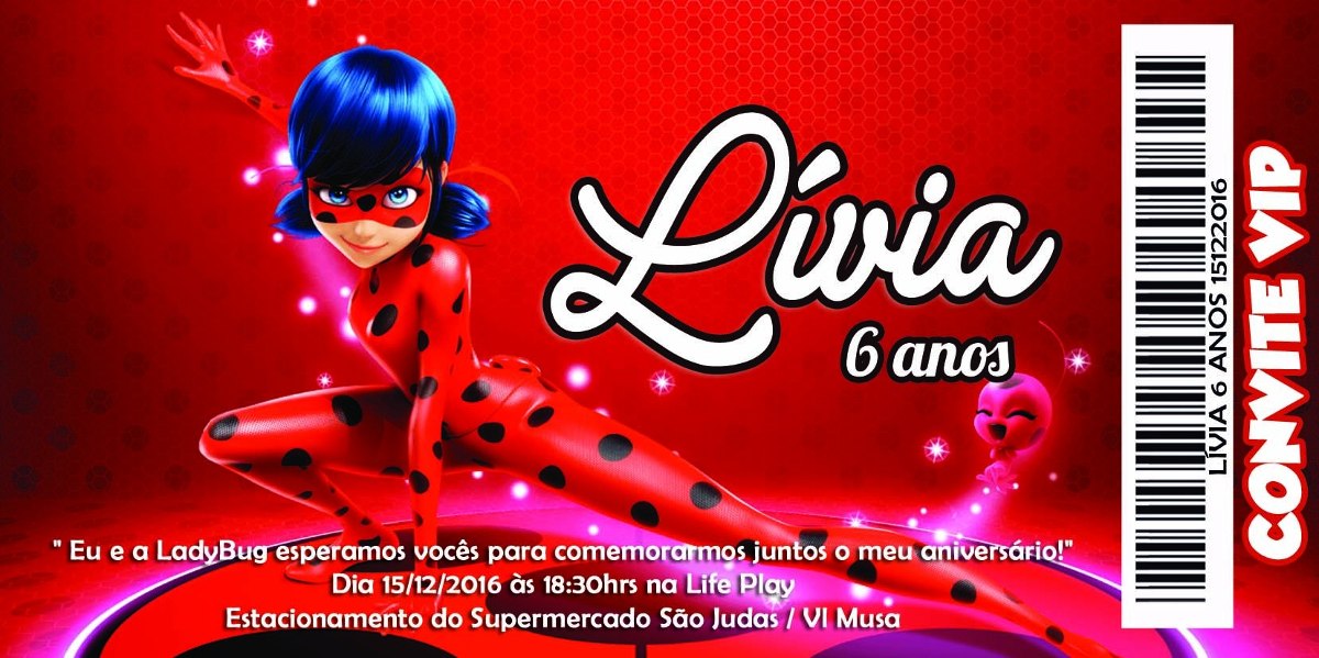 Convite Ladybug Miraculous - Tipo Ingresso - 20 Unid - R 