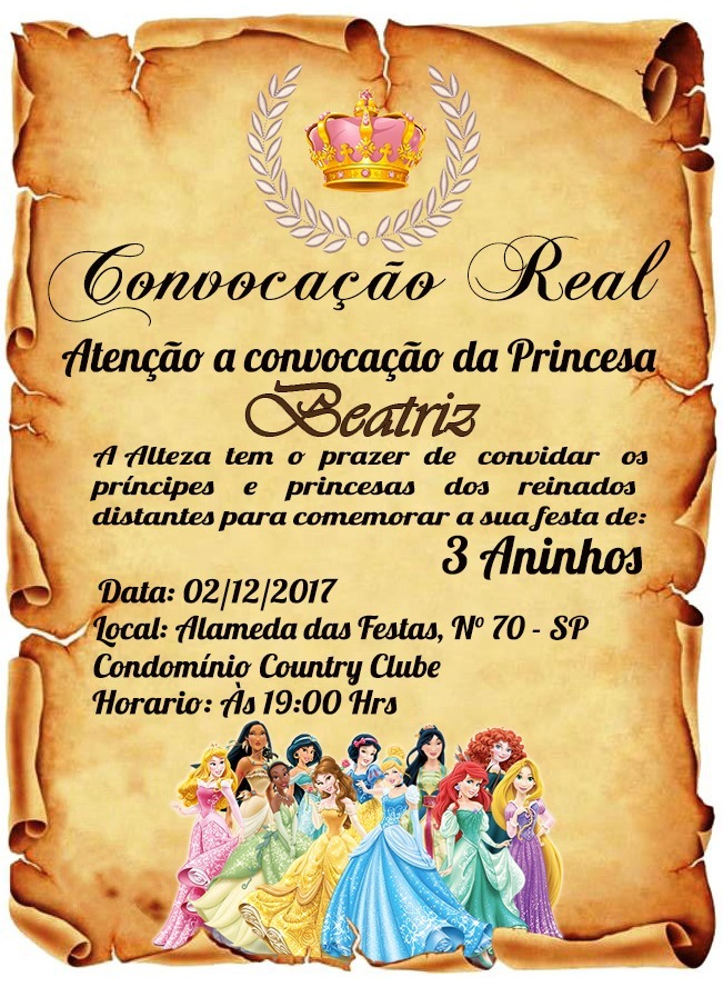 Convite Pergaminho Princesas Disney - R$ 1,00 em Mercado Livre