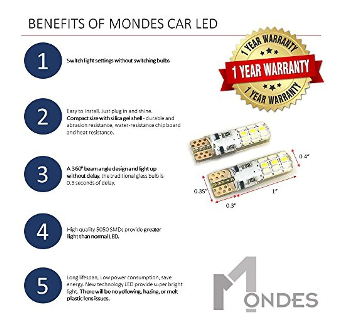 LED Replacement Bulbs 2-PACK T10 194 W5W 168 2825 TOP QUALITY 3020 LED Chips 12V DC by MONDES Super Bright 3-Color Mode Silica Gel Coated Chip Board