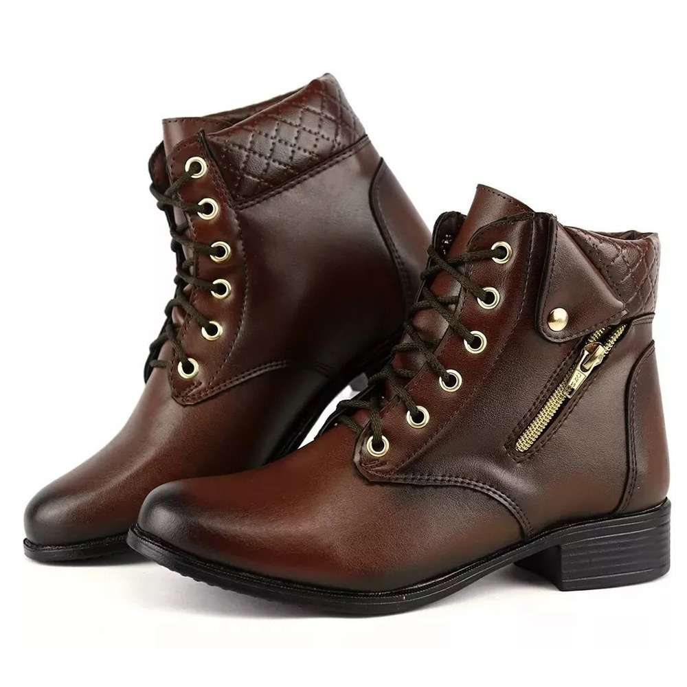 As Melhores Marcas De Botas Femininas Coturno Bota Feminino Montaria Cano Curto Baixo Flat Cadarço - R$ 64,99