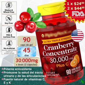 Cranberry Arándano Triple Potencia 30,000mg + Vitamina C X90