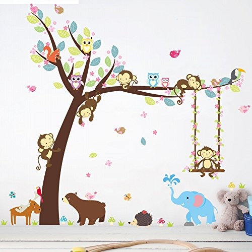 Dibujos Animados Mono Búhos Árbol Selva Tema Animal Arte - $ 75.990 en