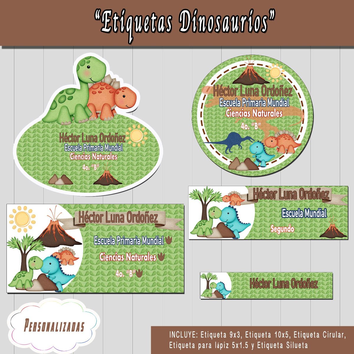 Etiquetas Escolares Personalizadas Dinosaurios - $ 65.00 