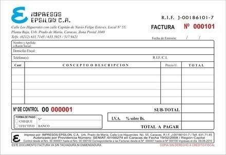 Facturas Seniat, Forma Libre, Tamaño Carta, Media Carta 