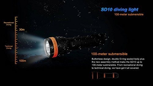 Fenix SD10 930 Lumen CREE XM-L2 T6 LED 100 meter submersible Diving Flashlight with Two EdisonBright CR123A Lithium Batteries