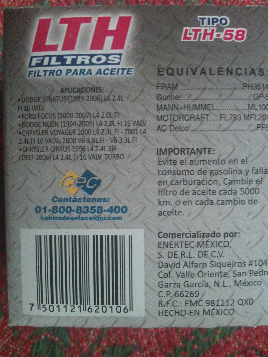 Dodge Neon 2017 >> Filtro De Aceite Lth-58, Para Dodge,stratus, Focus, Etc. - $ 41.00 en Mercado Libre Dodge Neon 2017 >> Filtro De Aceite Lth-58, Para Dodge,stratus, Focus, Etc. - $ 41.00 en Mercado Libre
