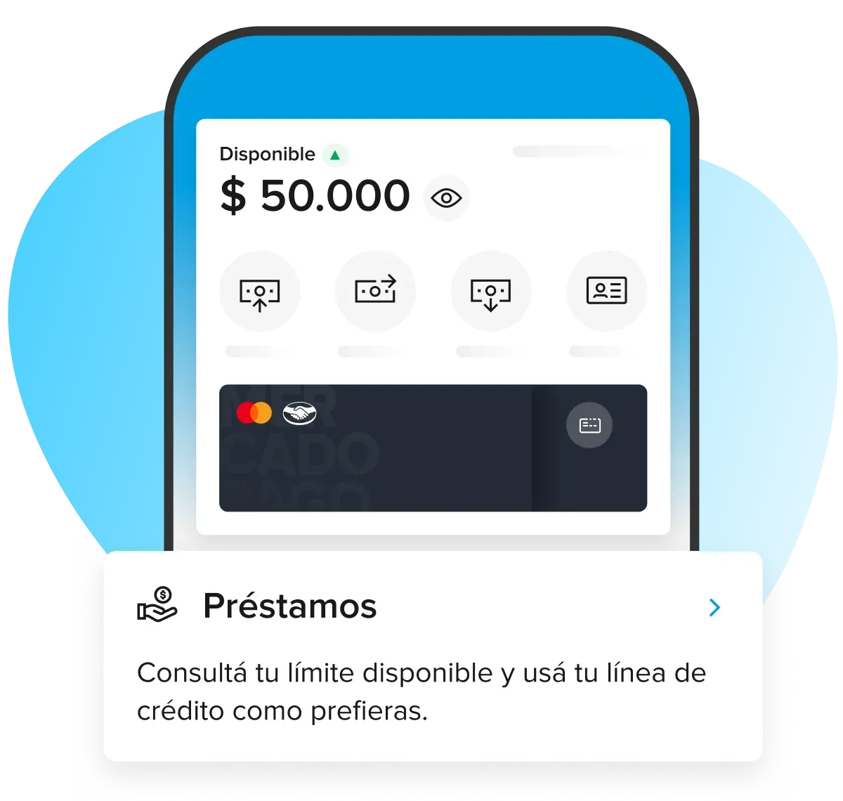 Tarjeta de crédito de Mercado Pago sobre la pantalla de inicio de la aplicación de Mercado Pago, que destaca la opción de Crédito.