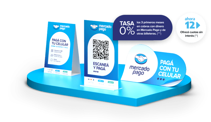 Soporte plástico de Kit QR de Mercado Pago, instructivo para pagar con el QR de Mercado Pago y cartelería oficial Kit QR de Mercado Pago. Puedes ofrecer Ahora 12 cuando cobras con el QR de Mercado Pago.