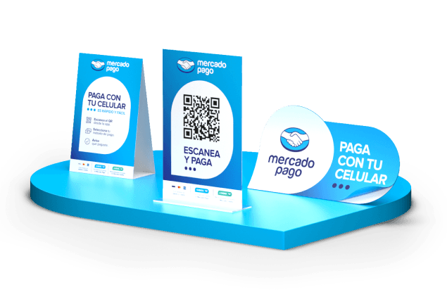 Soporte plástico de Kit QR de Mercado Pago, instructivo para pagar con el QR de Mercado Pago y cartelería oficial Kit QR de Mercado Pago.