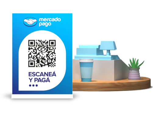 Soporte de plástico con código QR de Mercado Pago.