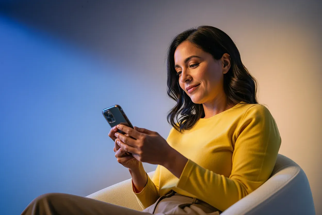 Mulher relaxada interagindo com o assistente pessoal de IA no celular enquanto descansa no sofá.