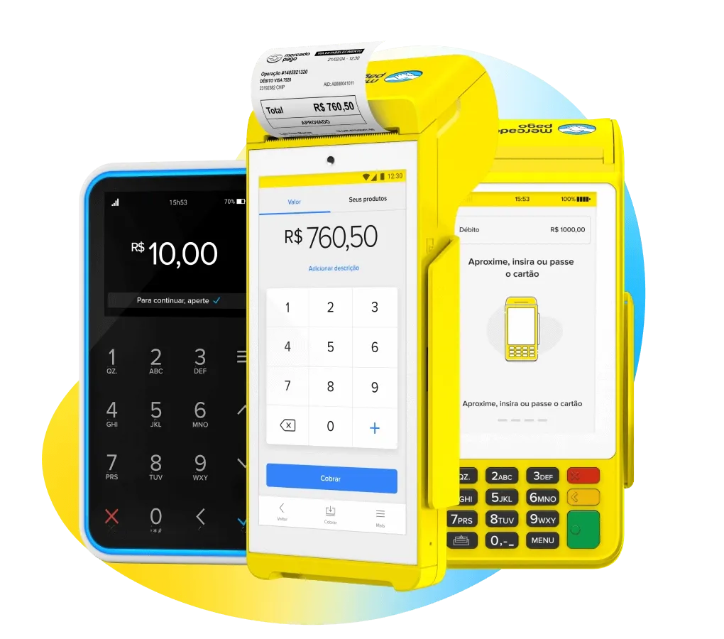 modelos-de-maquininhas-point Diferentes modelos de maquininhas do Mercado Pago. Da esquerda para direita: Point Mini NFC 1, Point Tap, Point Pro 2 e Point Smart.