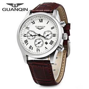 Cuarzo Guanqin Re 10atm Calendario Hombres Banda Reloj Cuero wPknO0