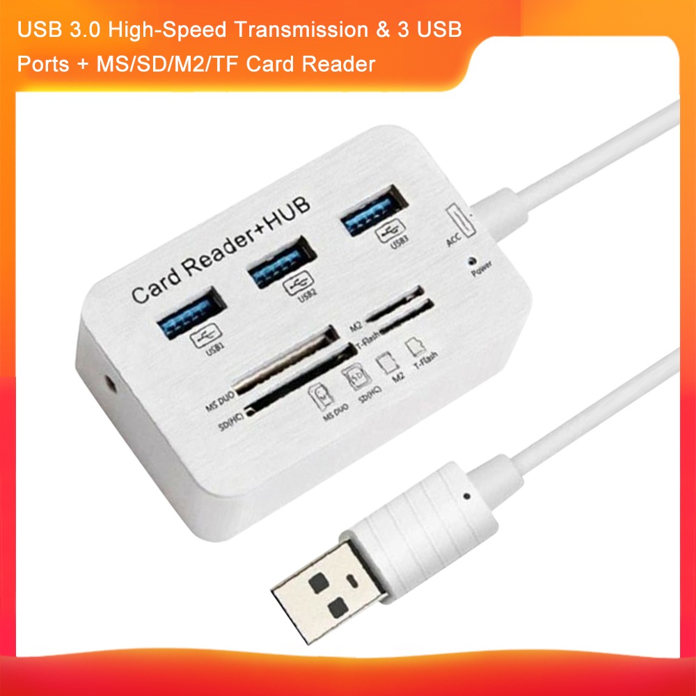 3 Port Aluminum USB 3.0 Hub MS SD M2 TF Multi-In-1 Memory Card Reader Adapter