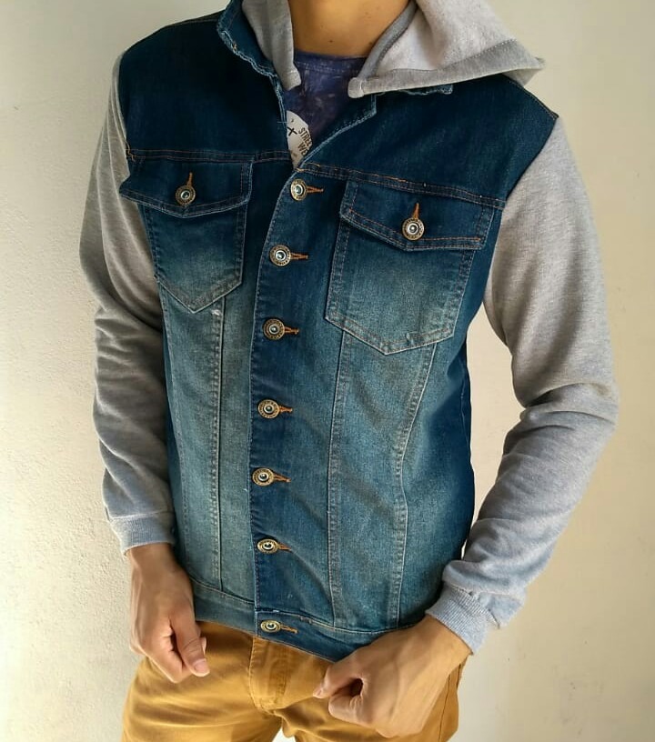 jaqueta jeans com manga de moletom masculina