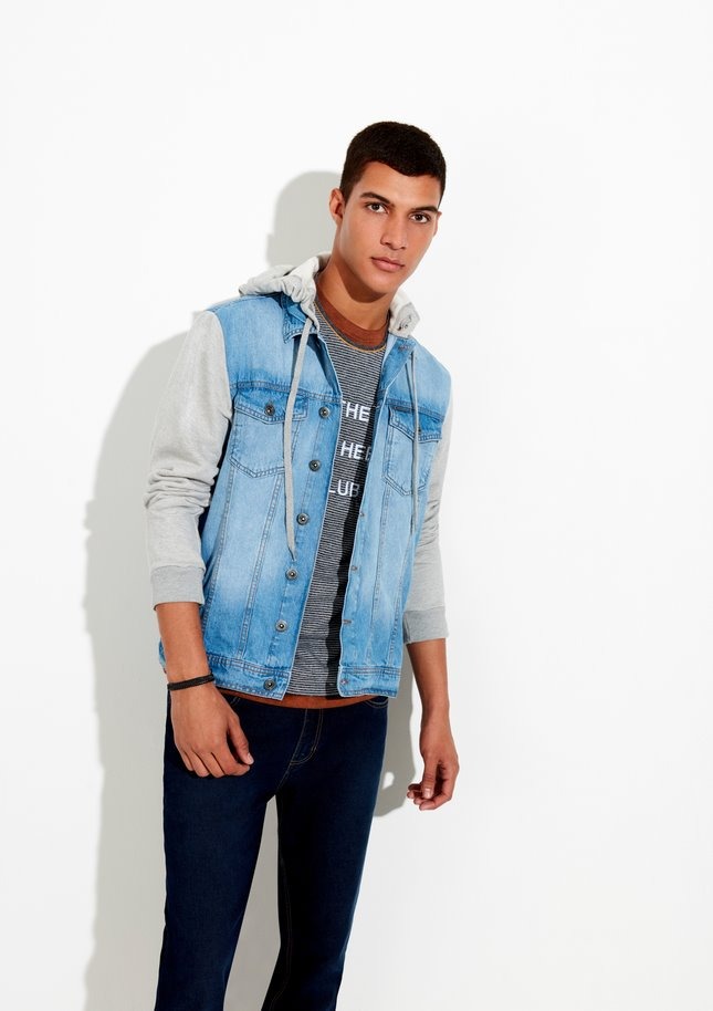 jaqueta jeans masculina com manga de moletom