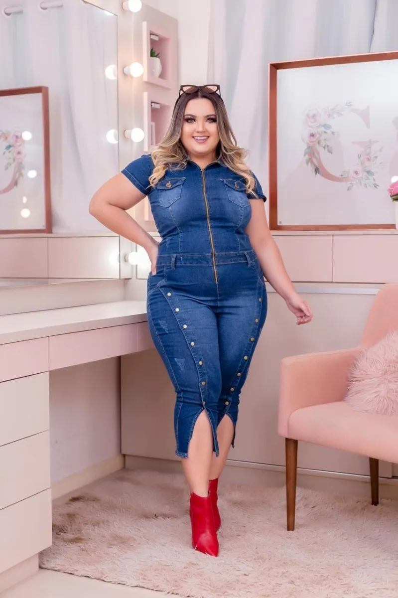 TRANSMODASCARVALHO | Jardineira Jeans Feminina Rasgadinha Lycra Moda Macacão - R$ 159,00