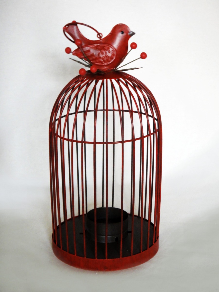 Jaula Decorativa Vintage Porta Vela Con Pajarito Rojo 2 Pzas - $ 349.00