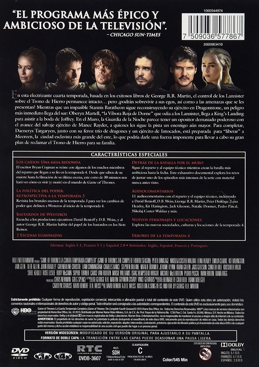Juego De Tronos Game Of Thrones Cuarta Temporada 4 Dvd - $ 199.00 en ... Juego De Tronos Game Of Thrones Cuarta Temporada 4 Dvd - $ 199.00 en ...