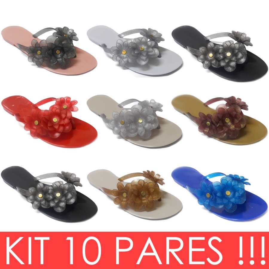 Kit 10 Chinelo Rasteira Sandália Rasteirinha Flores Atacado - R$ 120,00 em Mercado Livre