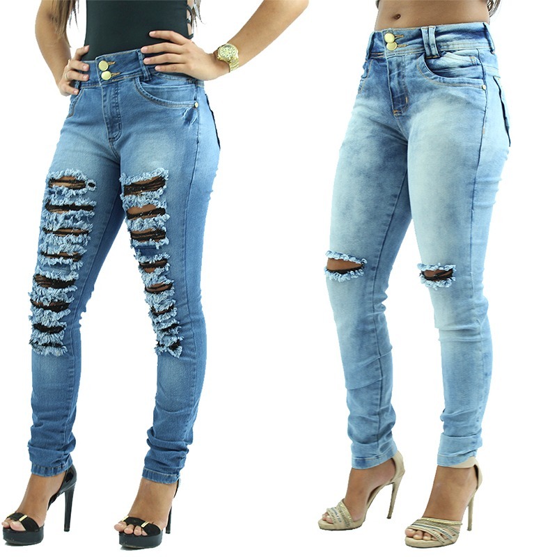 Kit 2 Calças Femininas Jeans Rasgado Cintura Alta Cores R 130 Carregando Zoom