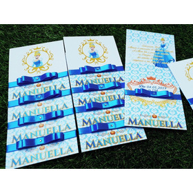 Kit 20 Convites Infantil - Cinderela Azul Turquesa Dourado 
