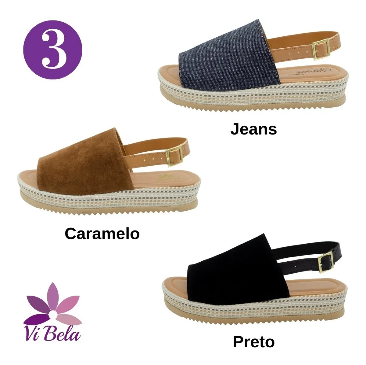 VI BELA | Kit 3 Pares Sandalia Feminina Avarca Tratorada Atacado Moda - R$ 147,90