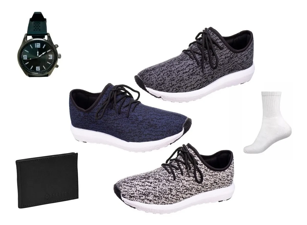 Comprar Calçados Online | Kit 3 Tênis Caminhada + Relogio Carteira E Meia De Brinde - R$ 159,99