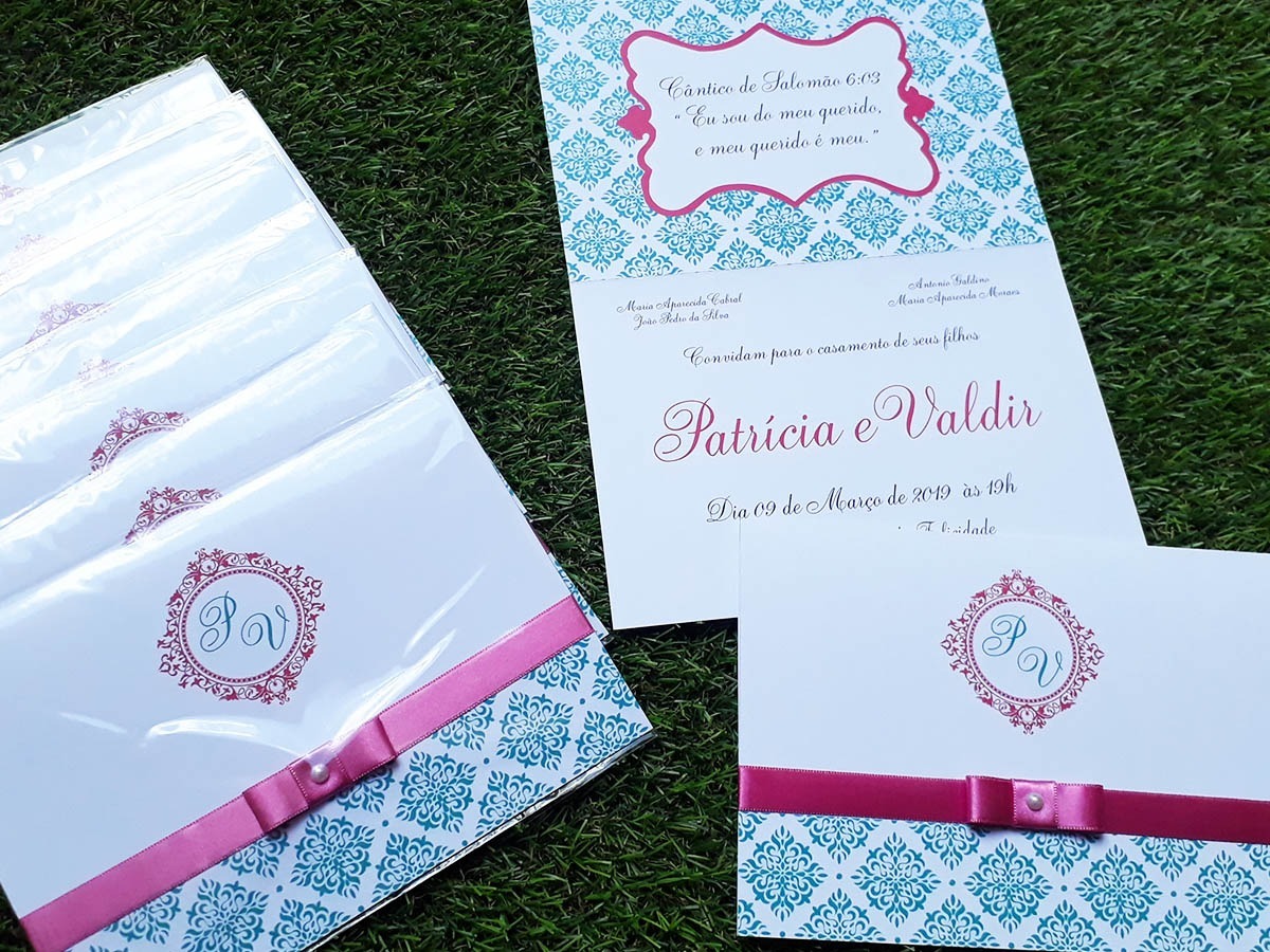 Kit 50 Convites Casamento - Azul Tiffany E Rosa - Papel 240g - R$ 119