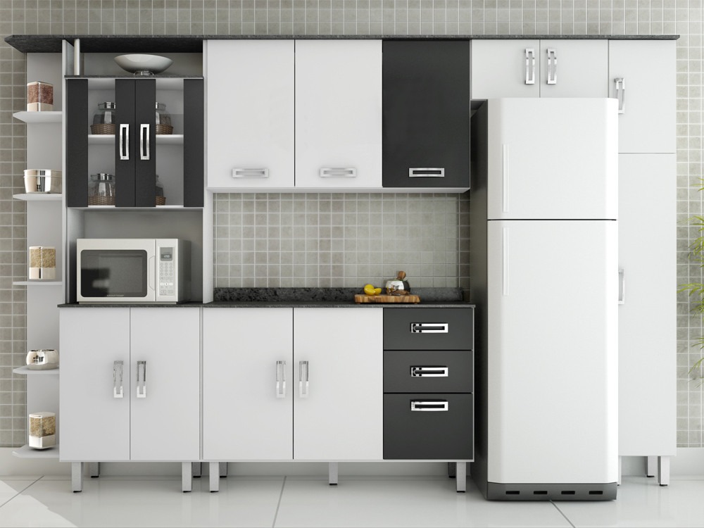 Kit de armários de cozinha branco com puxador preto