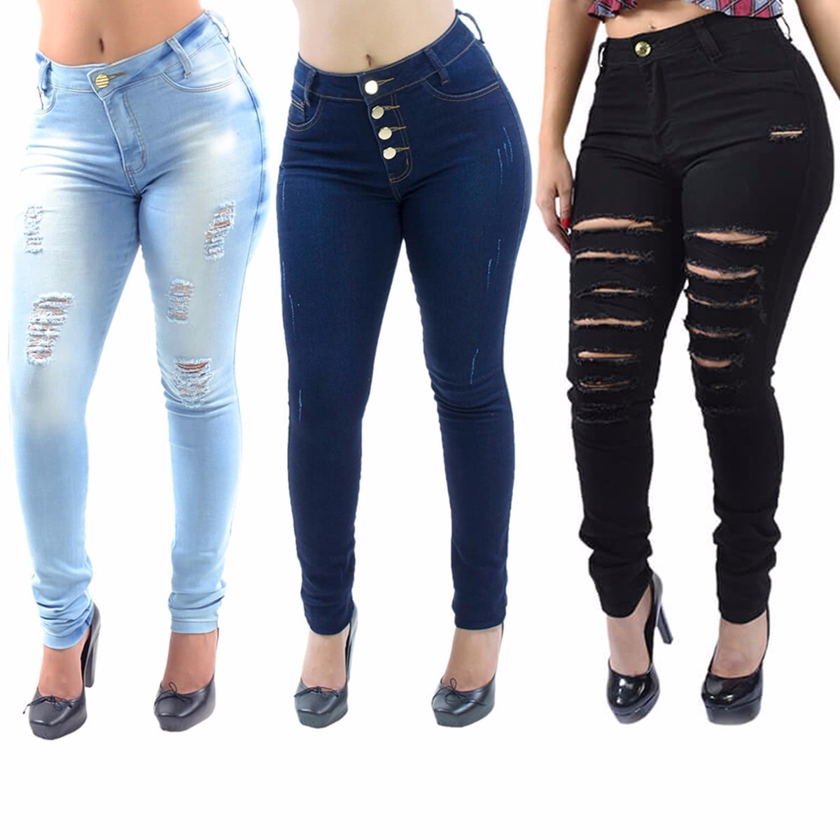 Kit De 3 Calças Jeans Feminina Cintura Alta Levanta Bumbum R 187 90