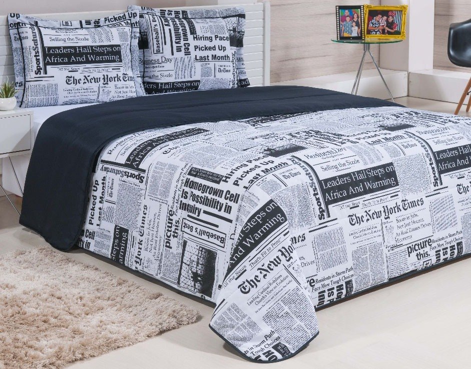 Kit Edredom Casal New Jornal Preto Dupla Face Com 3pcs R 199 00