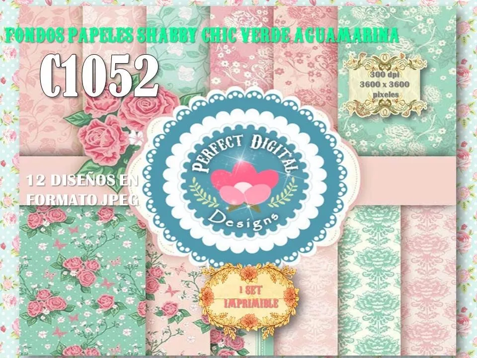 Kit Imprimible Fondos Decoupage Aguamarina Rosas Shabby Chic , $ 199,00