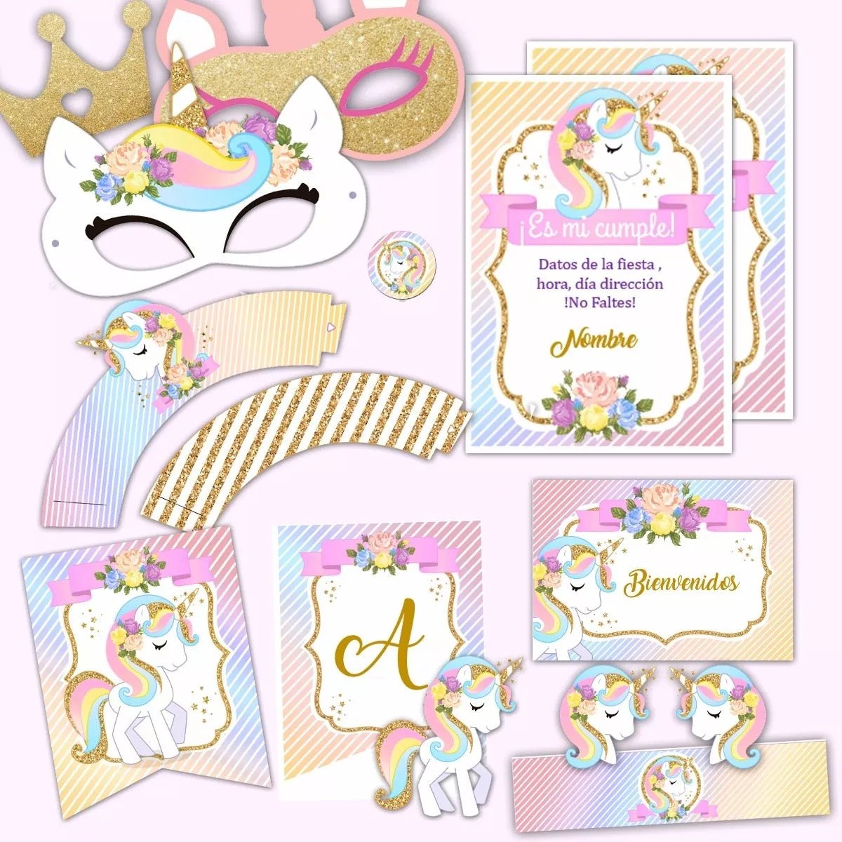 Kit Imprimible Unicornio Arcoiris Pastel Candy Invitación Pr Bs 200