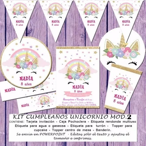 Kit Imprimible Unicornio Editable Cumpleaños Mod 2 Promo 2x1 4900