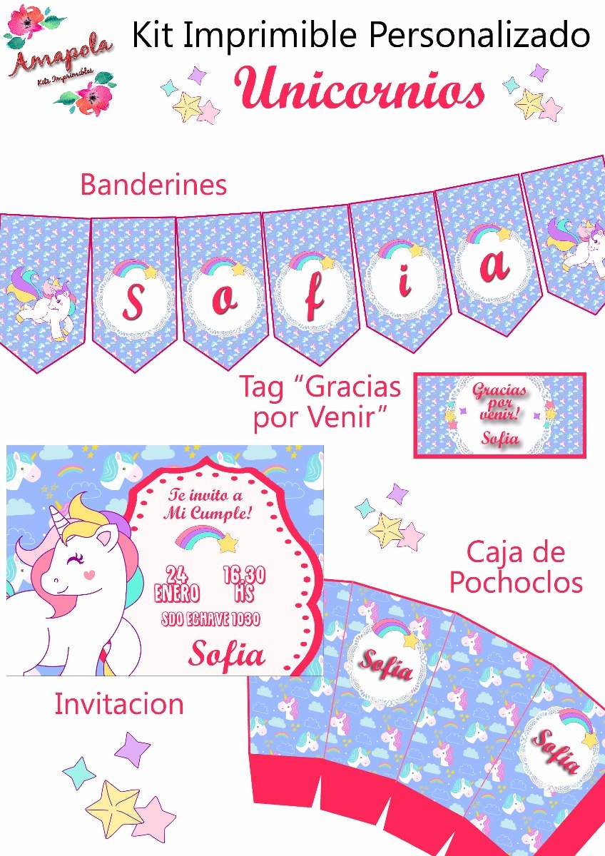 kit imprimible unicornios personalizado