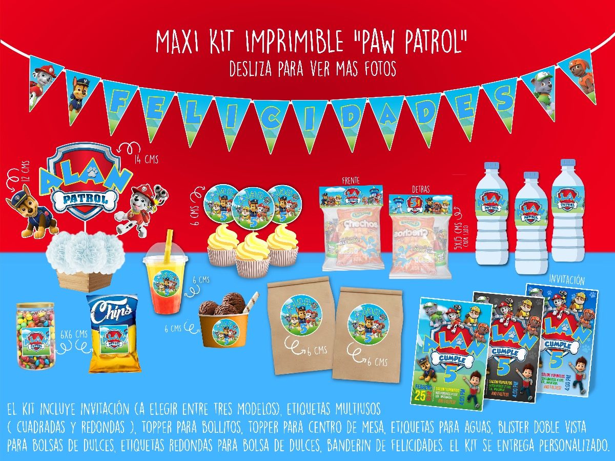 Kit Invitación Candy Bar Imprimible Paw Patrol - $ 119.00 