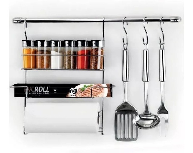 Suporte para utensílios de cozinha com porta rolos, tempero e condimento