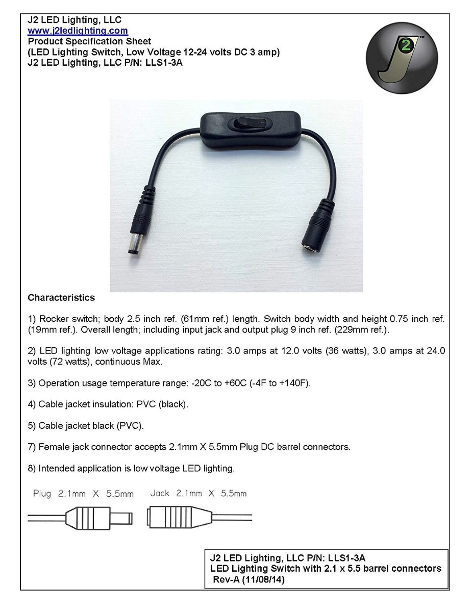 Rocker Switch LED lighting 2.1 x 5.5 barrel connector cable 12 Volt DC 3A LLS1