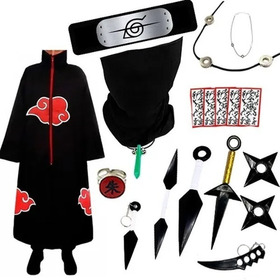 Manto Akatsuki Infantil + Bandana Naruto + Kit Kunai Ninja